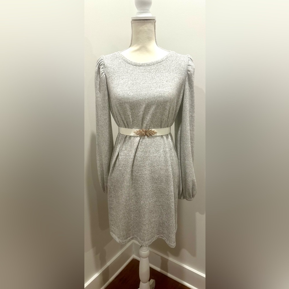 NINE WEST Puff Sleeve Cozy Soft Sweater Dress Women's L Gray